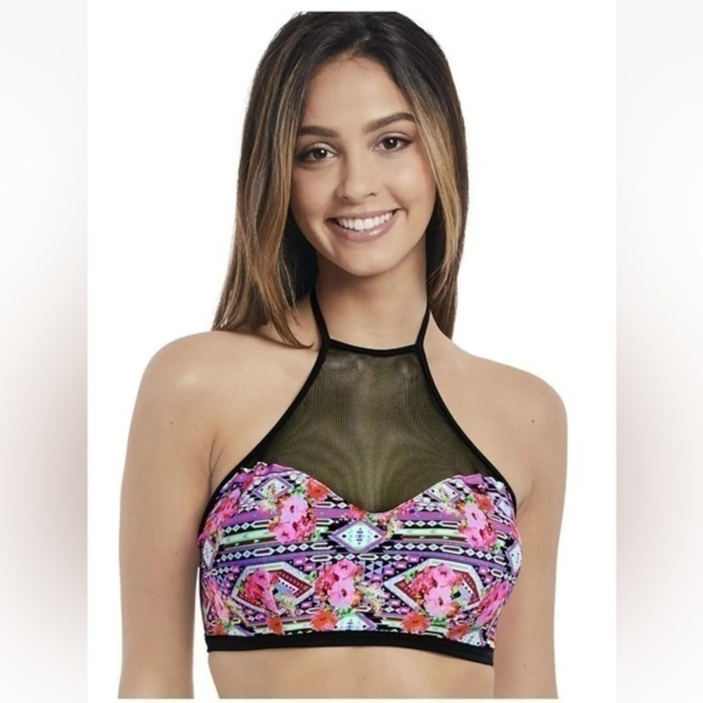 Freya texas rose neon floral mesh halter swim top 34DDD